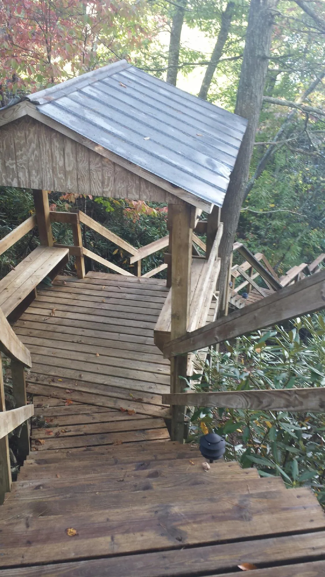 Metal roofed shelter over wooden steps on a wooded walkway — Skylight Repair & Installation work by our crew in Vicksburg